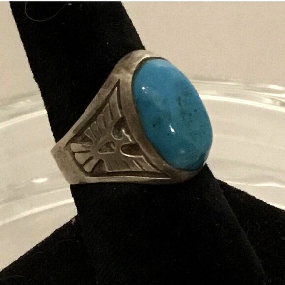 Fred Harvey Era Navajo Double Thunderbird Sterling Turquoise Ring Sz 6.75 - Picture 10 of 10